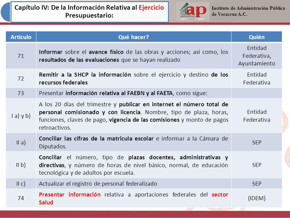 Capítulo IV: De la Información Relativa al Ejercicio Presupuestario: