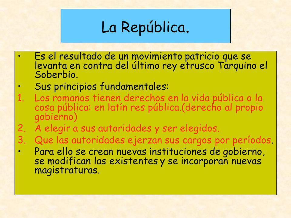 La República. Es el resultado de un movimiento patricio que se levanta en contra del último rey etrusco Tarquino el Soberbio.