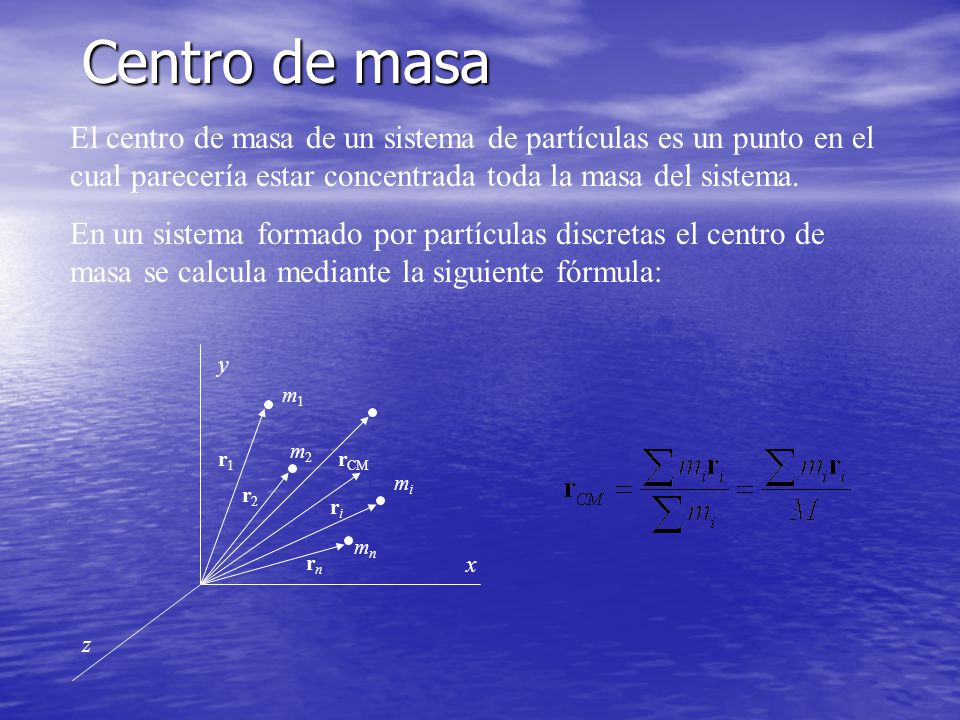 Centro de masa El centro de masa de un sistema de partículas es un punto en el cual parecería estar concentrada toda la masa del sistema.