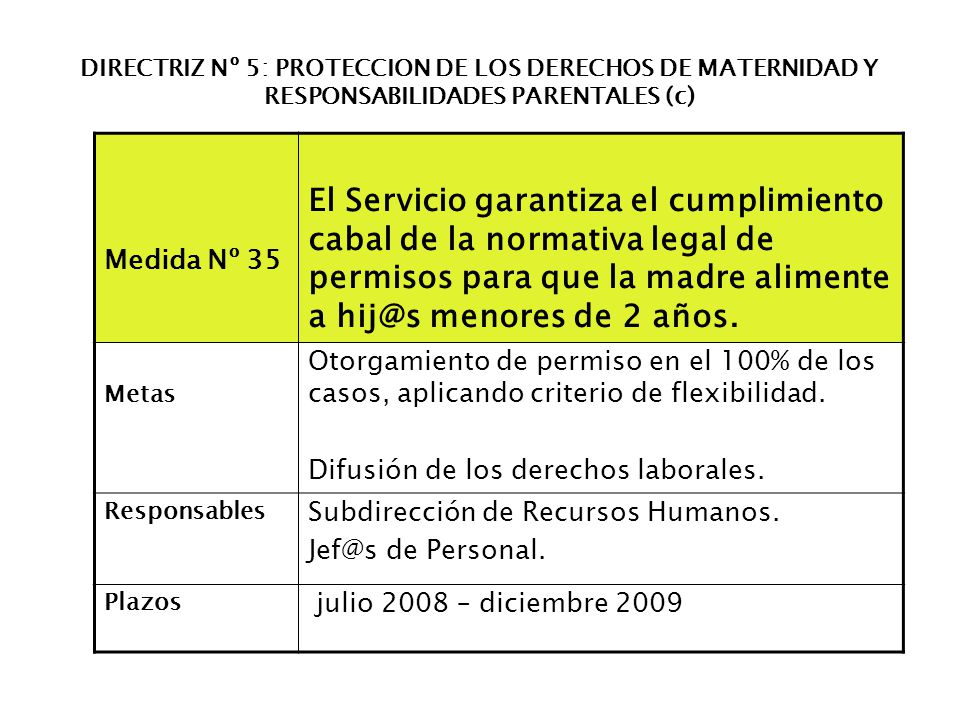 DIRECTRIZ Nº 5: PROTECCION DE LOS DERECHOS DE MATERNIDAD Y RESPONSABILIDADES PARENTALES (c)