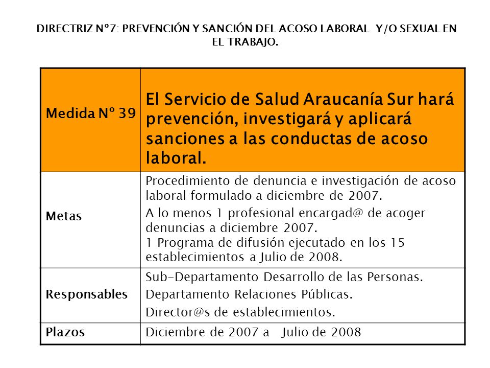 DIRECTRIZ Nº7: PREVENCIÓN Y SANCIÓN DEL ACOSO LABORAL Y/O SEXUAL EN EL TRABAJO.