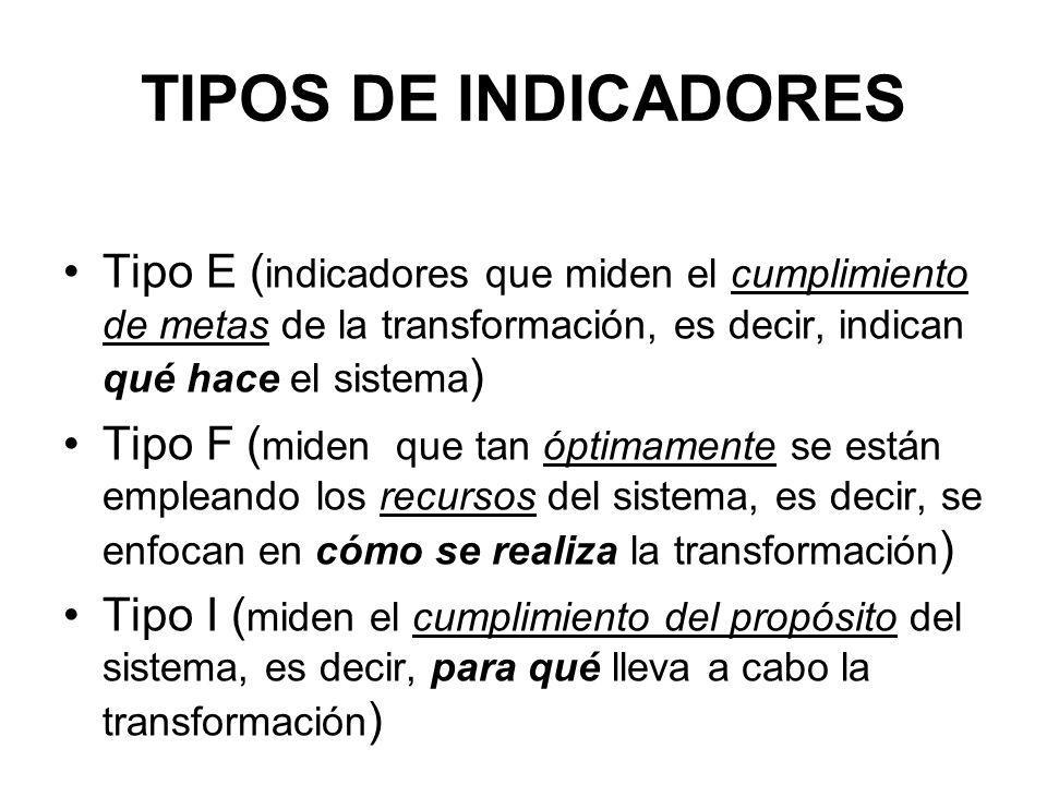 TIPOS DE INDICADORES Tipo E (indicadores que miden el cumplimiento de metas de la transformación, es decir, indican qué hace el sistema)