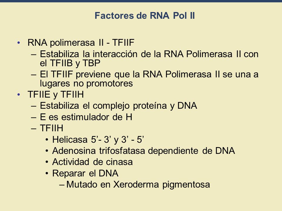 Factores de RNA Pol II RNA polimerasa II - TFIIF. Estabiliza la interacción de la RNA Polimerasa II con el TFIIB y TBP.