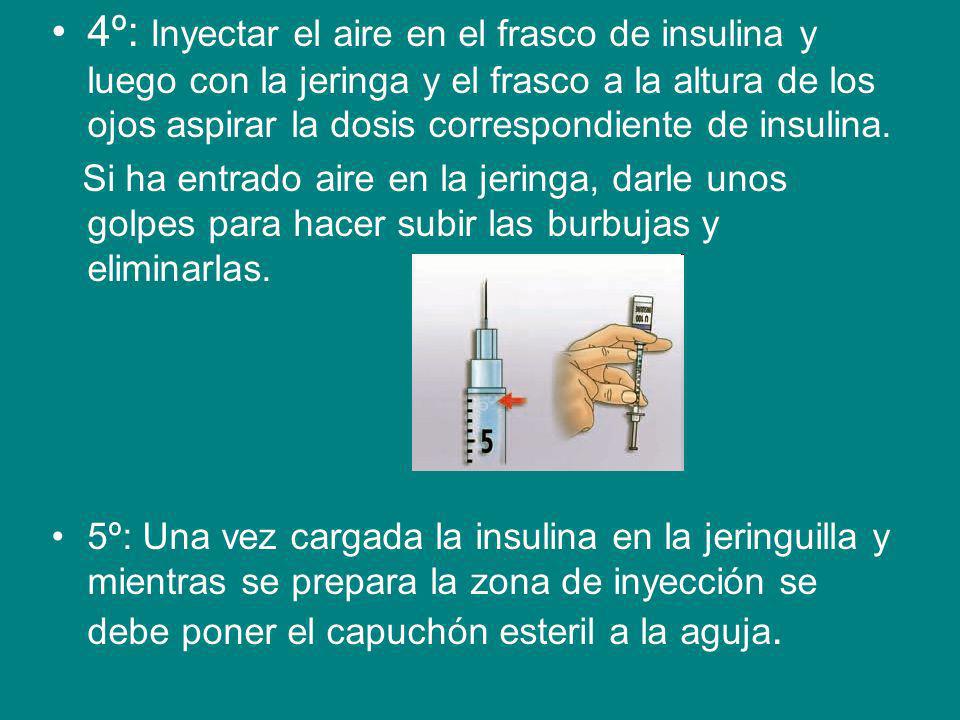4º: Inyectar el aire en el frasco de insulina y luego con la jeringa y el frasco a la altura de los ojos aspirar la dosis correspondiente de insulina.