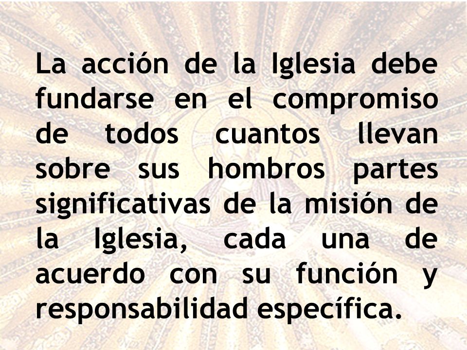 La acción de la Iglesia debe fundarse en el compromiso de todos cuantos llevan sobre sus hombros partes significativas de la misión de la Iglesia, cada una de acuerdo con su función y responsabilidad específica.