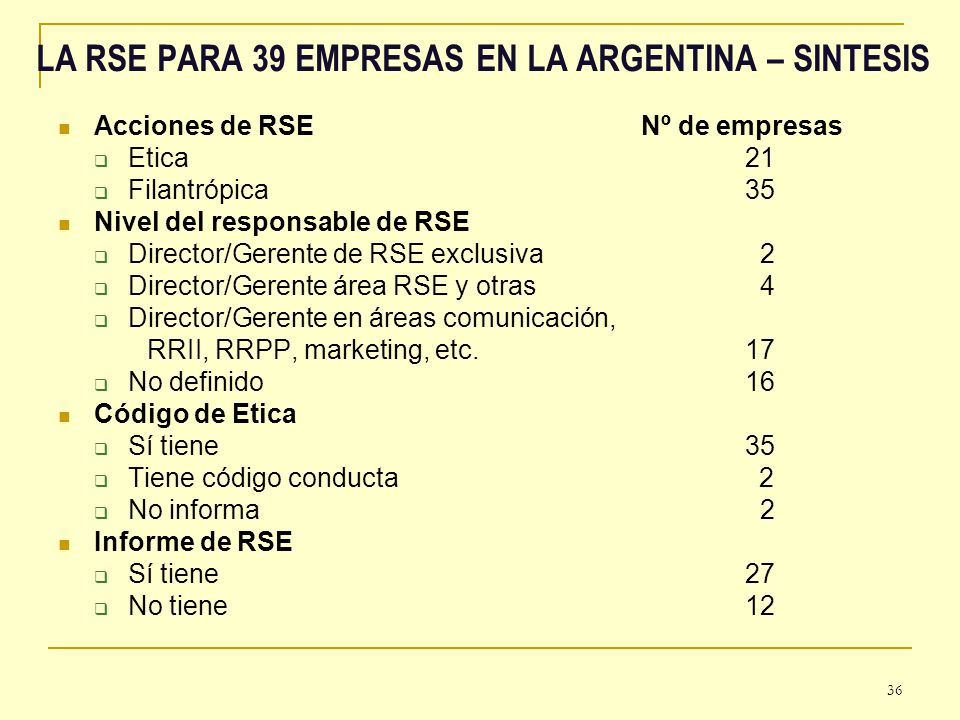 LA RSE PARA 39 EMPRESAS EN LA ARGENTINA – SINTESIS