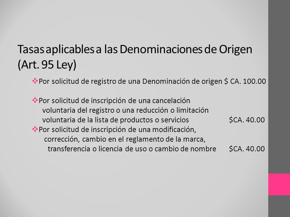 Tasas aplicables a las Denominaciones de Origen (Art. 95 Ley)