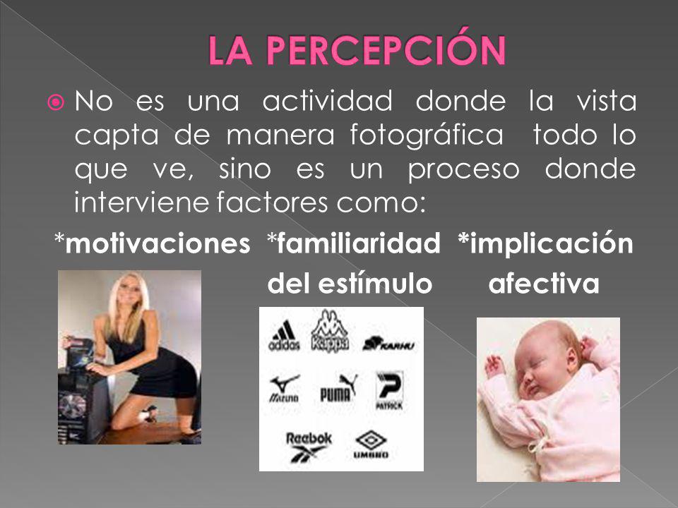 LA PERCEPCIÓN No es una actividad donde la vista capta de manera fotográfica todo lo que ve, sino es un proceso donde interviene factores como: