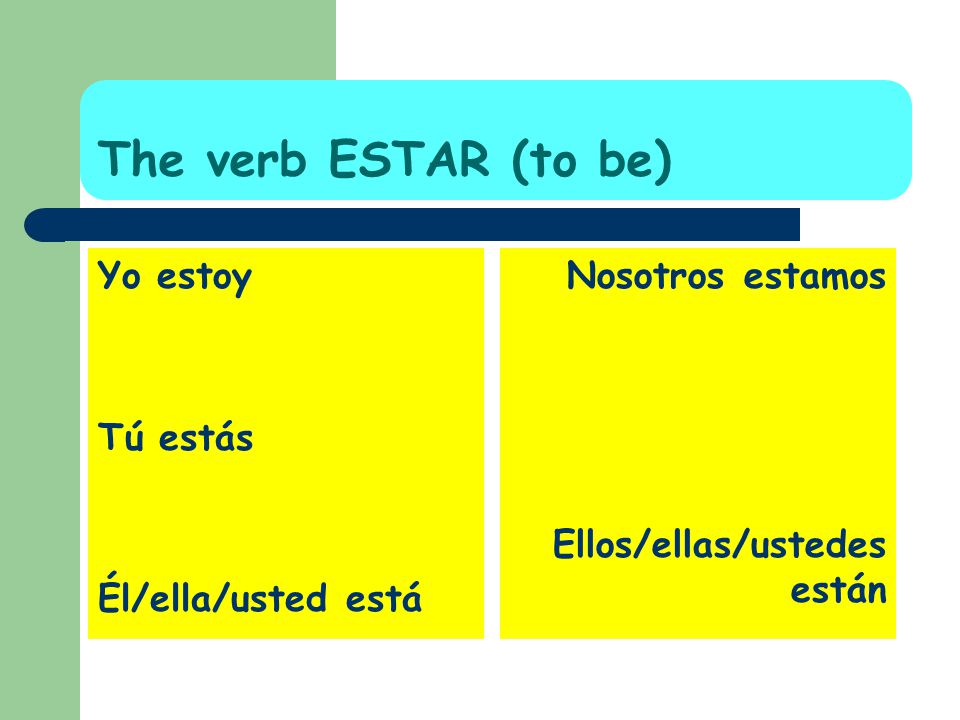 The verb ESTAR (to be) Yo estoy Tú estás Él/ella/usted está
