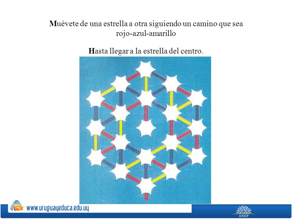 Muévete de una estrella a otra siguiendo un camino que sea rojo-azul-amarillo Hasta llegar a la estrella del centro.