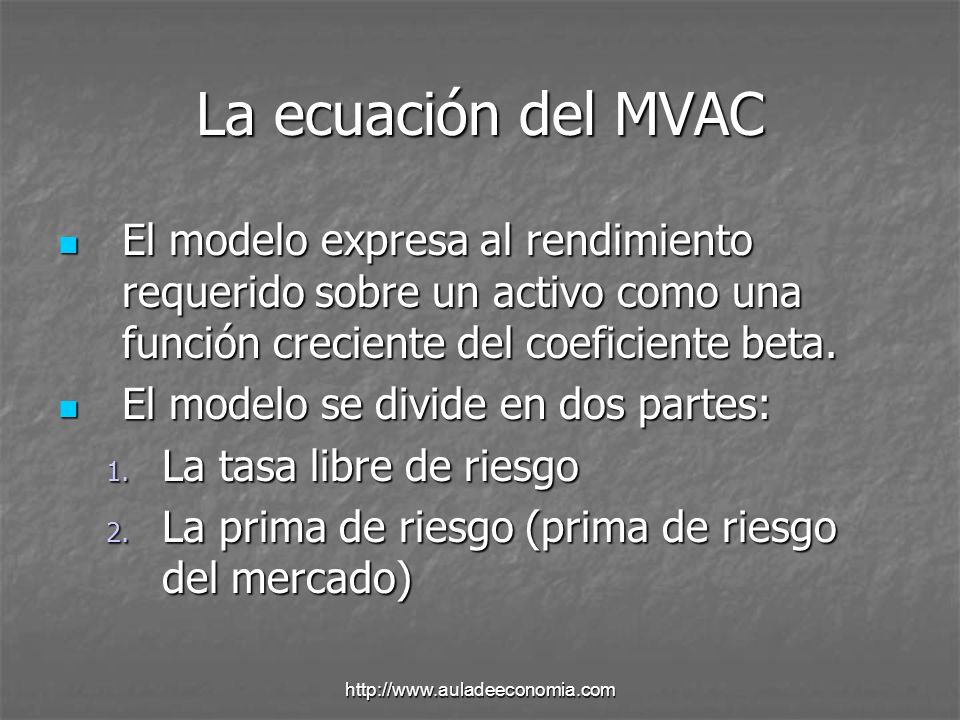 La ecuación del MVAC El modelo expresa al rendimiento requerido sobre un activo como una función creciente del coeficiente beta.