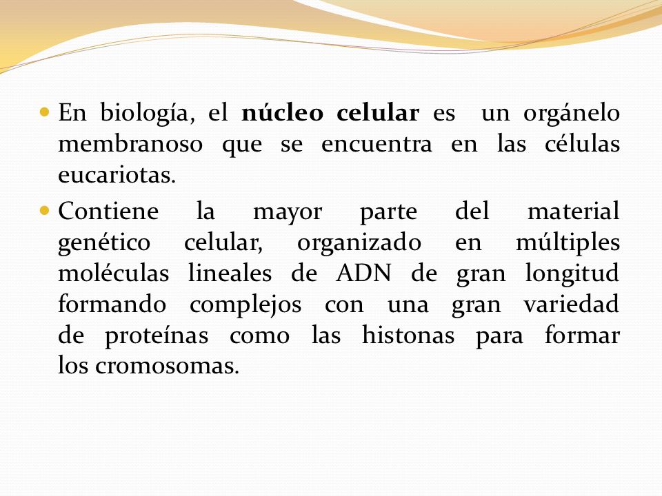 En biología, el núcleo celular es un orgánelo membranoso que se encuentra en las células eucariotas.