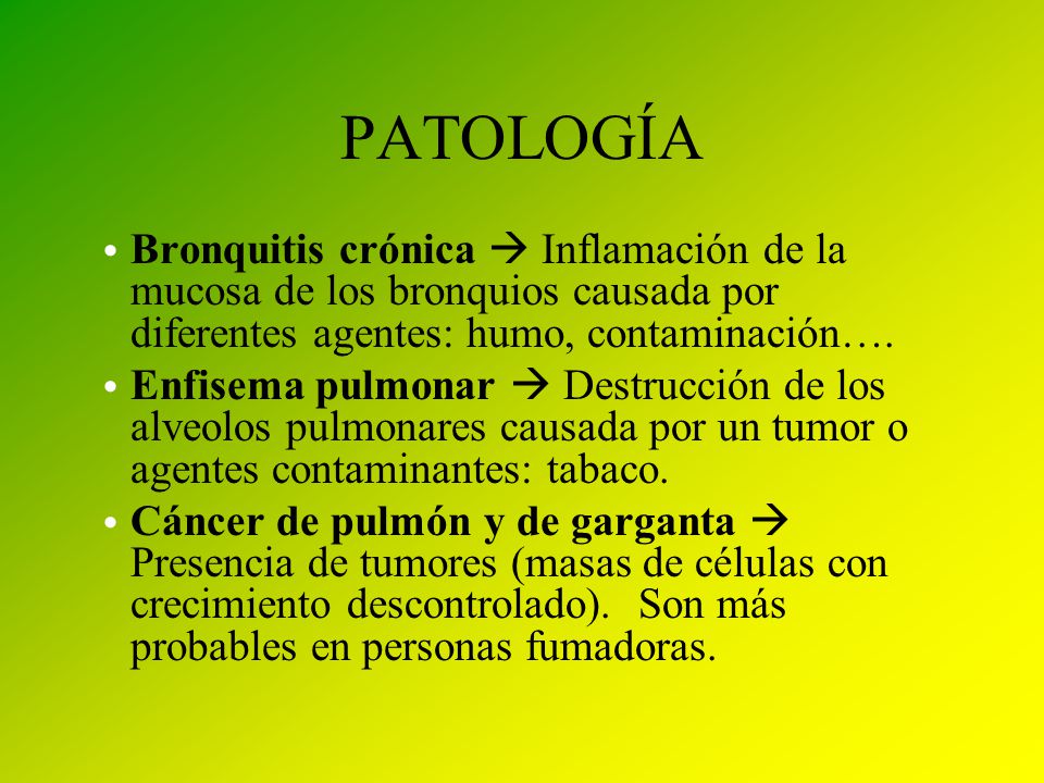 PATOLOGÍA Bronquitis crónica  Inflamación de la mucosa de los bronquios causada por diferentes agentes: humo, contaminación….
