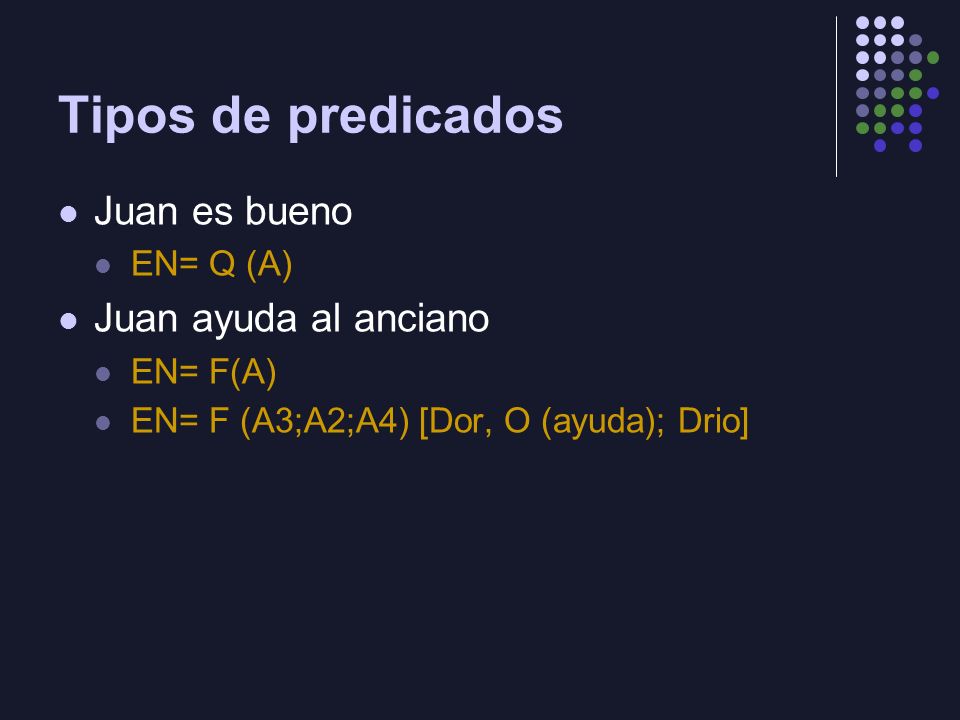 Tipos de predicados Juan es bueno Juan ayuda al anciano EN= Q (A)