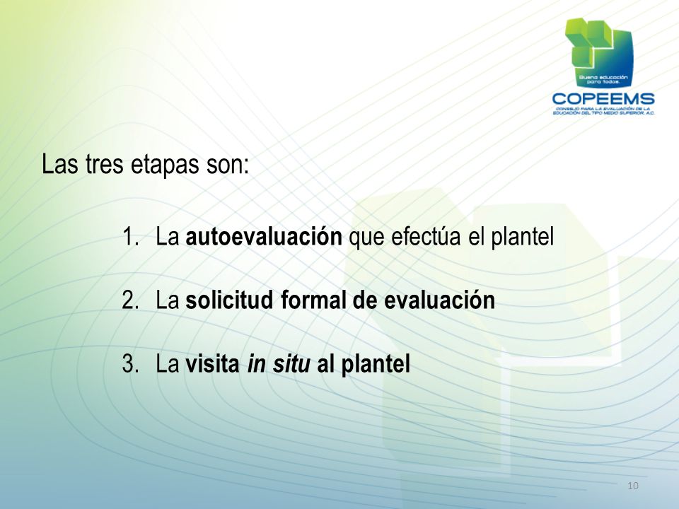 Las tres etapas son: La autoevaluación que efectúa el plantel