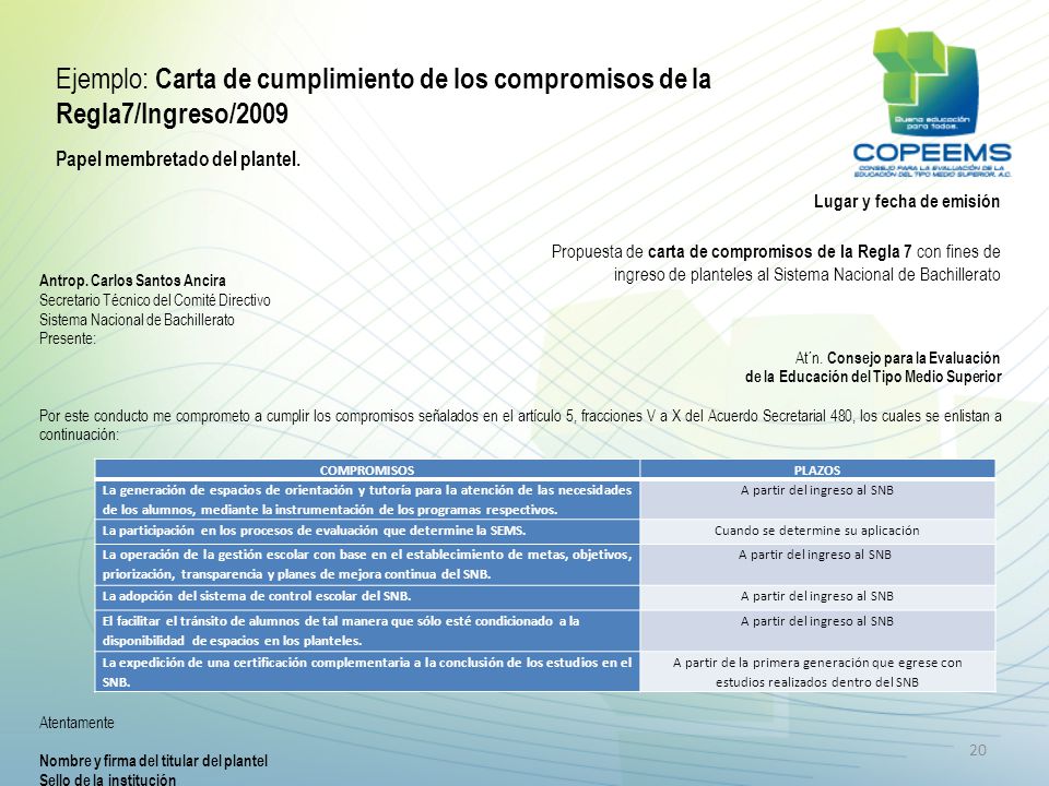Ejemplo: Carta de cumplimiento de los compromisos de la Regla7/Ingreso/2009