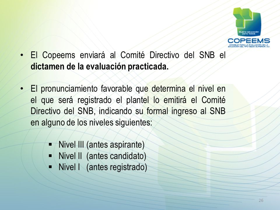 El Copeems enviará al Comité Directivo del SNB el dictamen de la evaluación practicada.