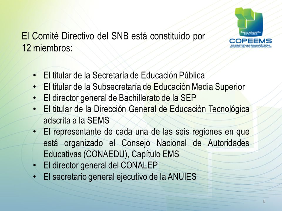 El Comité Directivo del SNB está constituido por 12 miembros: