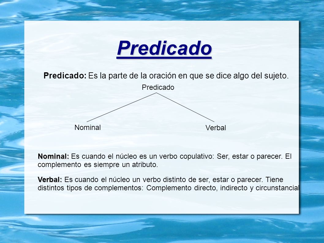 Predicado Predicado: Es la parte de la oración en que se dice algo del sujeto. Predicado. Nominal.