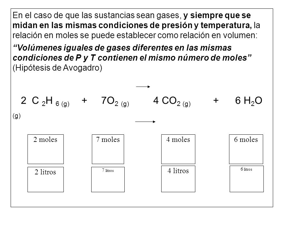 En el caso de que las sustancias sean gases, y siempre que se midan en las mismas condiciones de presión y temperatura, la relación en moles se puede establecer como relación en volumen: