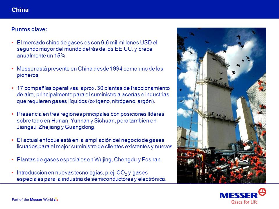 China Puntos clave: El mercado chino de gases es con 6,6 mil millones USD el segundo mayor del mundo detrás de los EE.UU. y crece anualmente un 15%.