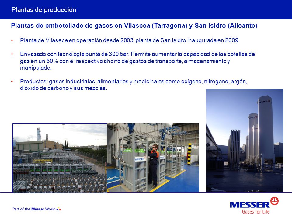 Plantas de producción Plantas de embotellado de gases en Vilaseca (Tarragona) y San Isidro (Alicante)