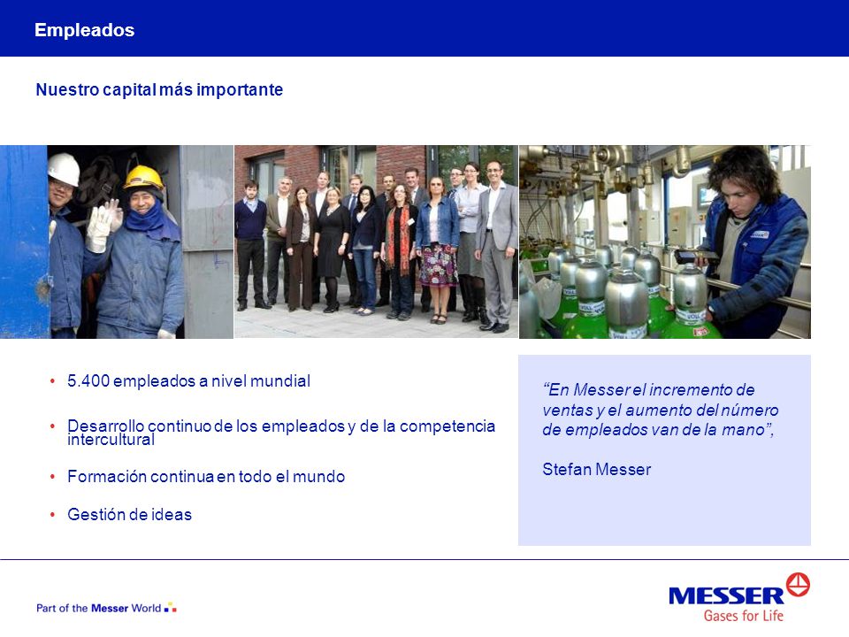 Empleados Nuestro capital más importante empleados a nivel mundial. Desarrollo continuo de los empleados y de la competencia intercultural.