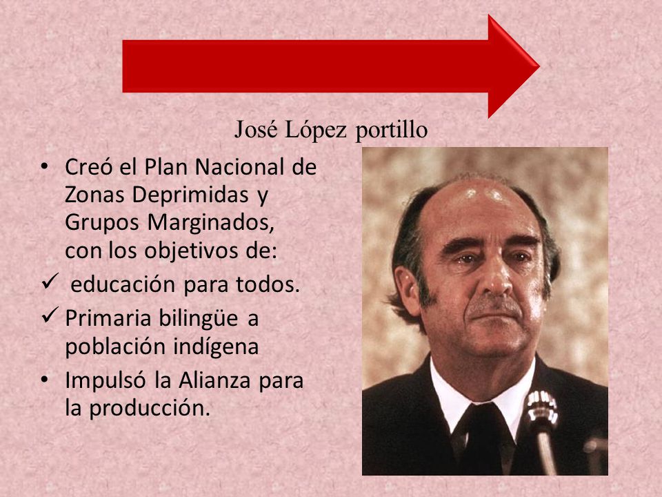 José López portillo Creó el Plan Nacional de Zonas Deprimidas y Grupos Marginados, con los objetivos de: