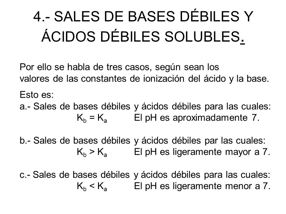4.- SALES DE BASES DÉBILES Y ÁCIDOS DÉBILES SOLUBLES.
