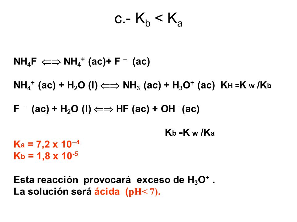 c.- Kb < Ka NH4F  NH4+ (ac)+ F  (ac)