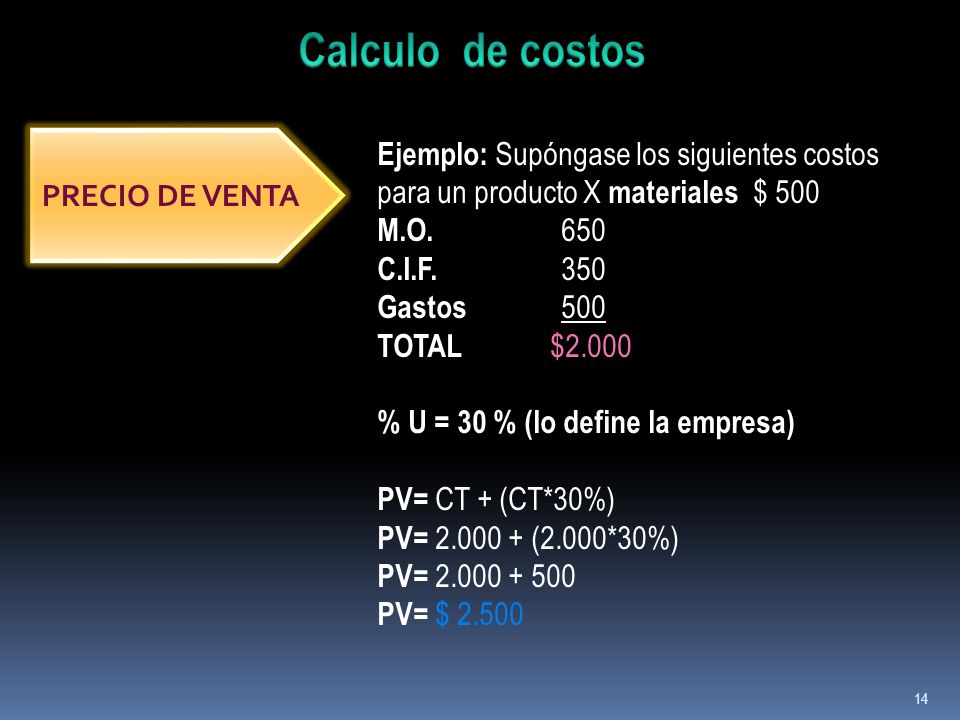 Calculo de costos Ejemplo: Supóngase los siguientes costos para un producto X materiales $ 500. M.O