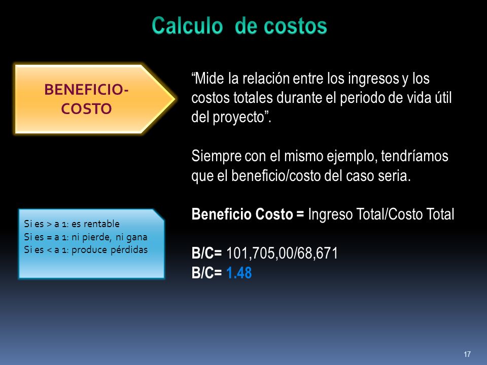 Calculo de costos Mide la relación entre los ingresos y los costos totales durante el periodo de vida útil del proyecto .