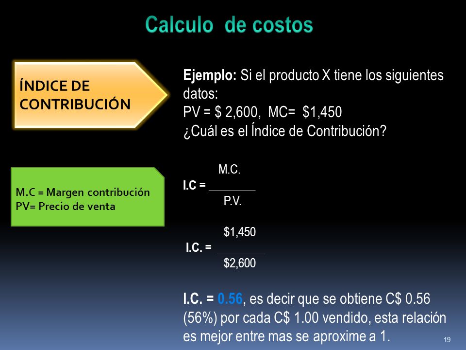 Calculo de costos Ejemplo: Si el producto X tiene los siguientes datos: PV = $ 2,600, MC= $1,450.
