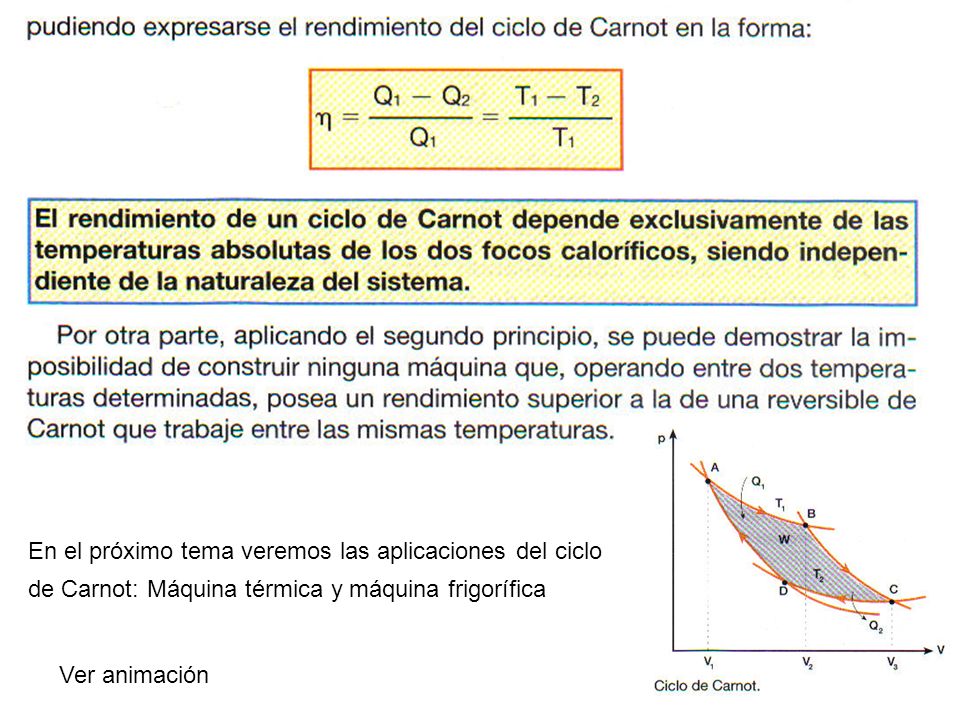 En el próximo tema veremos las aplicaciones del ciclo de Carnot: Máquina térmica y máquina frigorífica