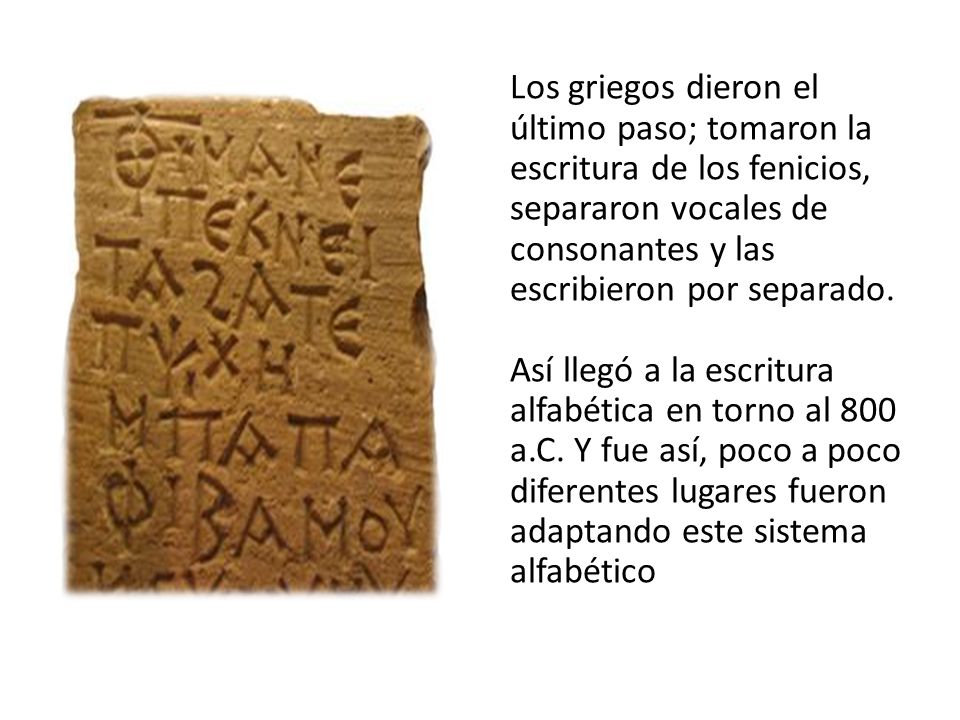 Los griegos dieron el último paso; tomaron la escritura de los fenicios, separaron vocales de consonantes y las escribieron por separado.