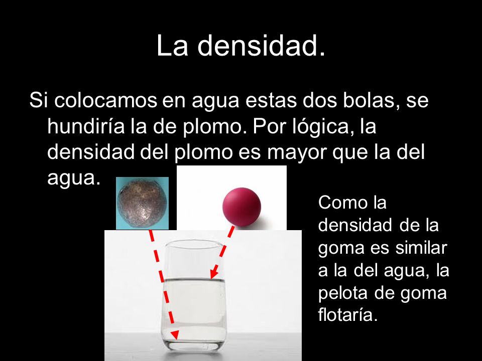 La densidad. Si colocamos en agua estas dos bolas, se hundiría la de plomo. Por lógica, la densidad del plomo es mayor que la del agua.