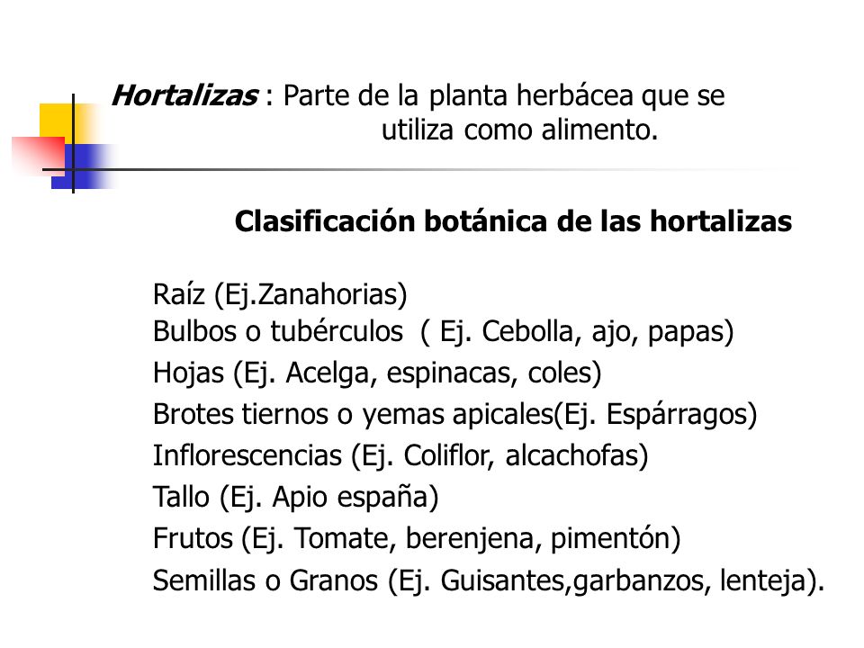 Hortalizas : Parte de la planta herbácea que se utiliza como alimento.