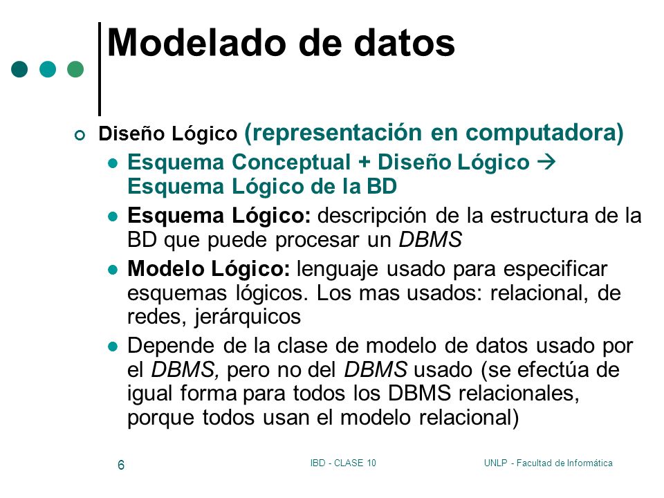 Modelado de datos Diseño Lógico (representación en computadora) Esquema Conceptual + Diseño Lógico  Esquema Lógico de la BD.