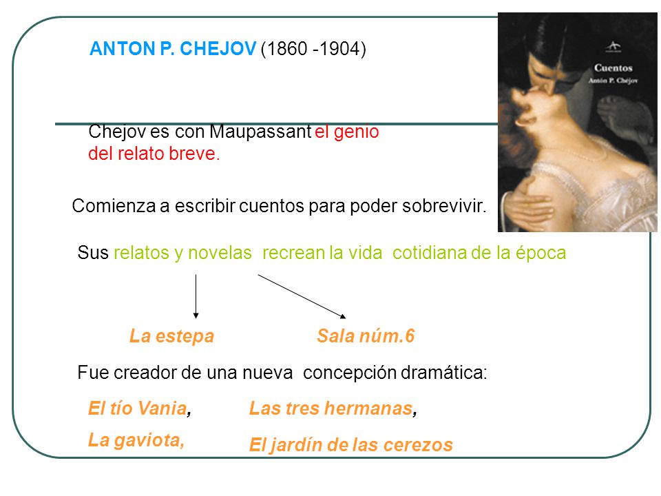 ANTON P. CHEJOV ( ) Chejov es con Maupassant el genio. del relato breve. Comienza a escribir cuentos para poder sobrevivir.