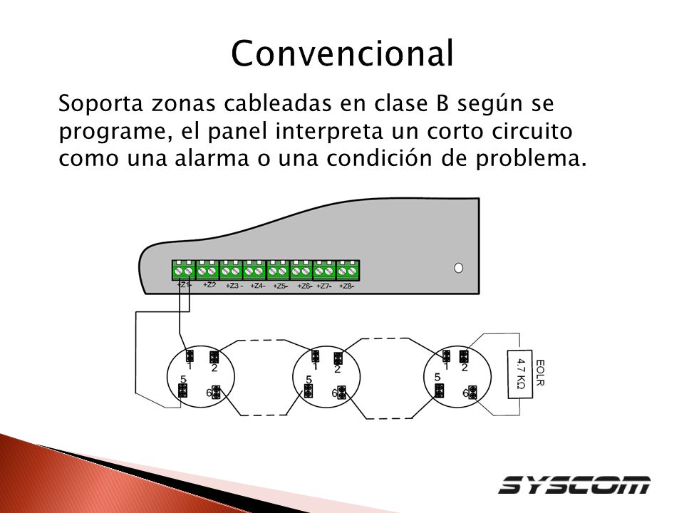 Convencional Soporta zonas cableadas en clase B según se programe, el panel interpreta un corto circuito como una alarma o una condición de problema.