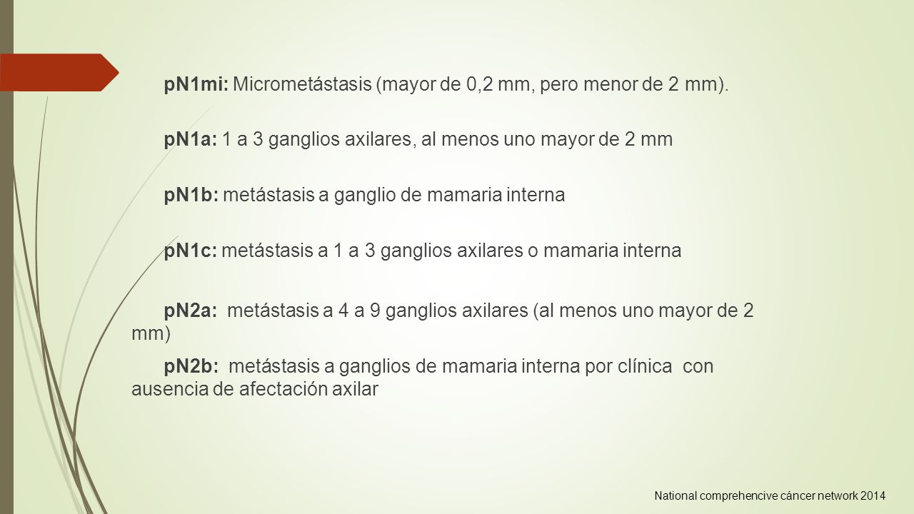 pN1mi: Micrometástasis (mayor de 0,2 mm, pero menor de 2 mm).