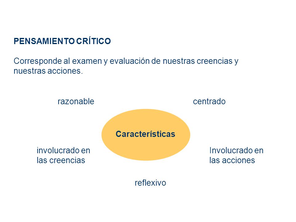 PENSAMIENTO CRÍTICO Corresponde al examen y evaluación de nuestras creencias y nuestras acciones. razonable.