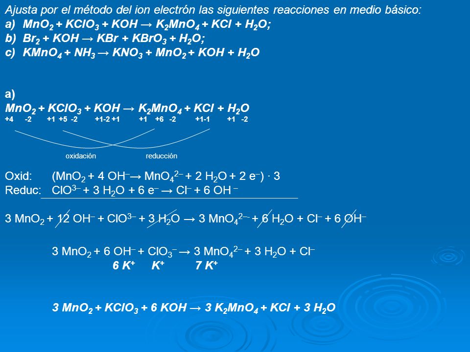 MnO2 + KClO3 + KOH → K2MnO4 + KCl + H2O;