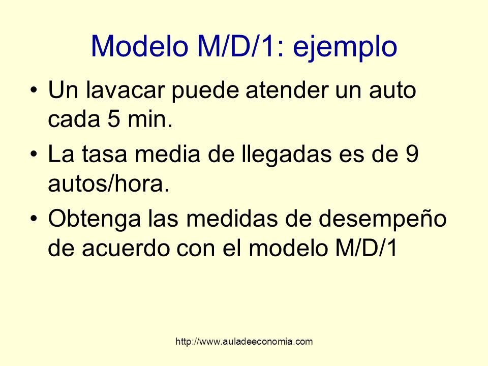 Modelo M/D/1: ejemplo Un lavacar puede atender un auto cada 5 min.