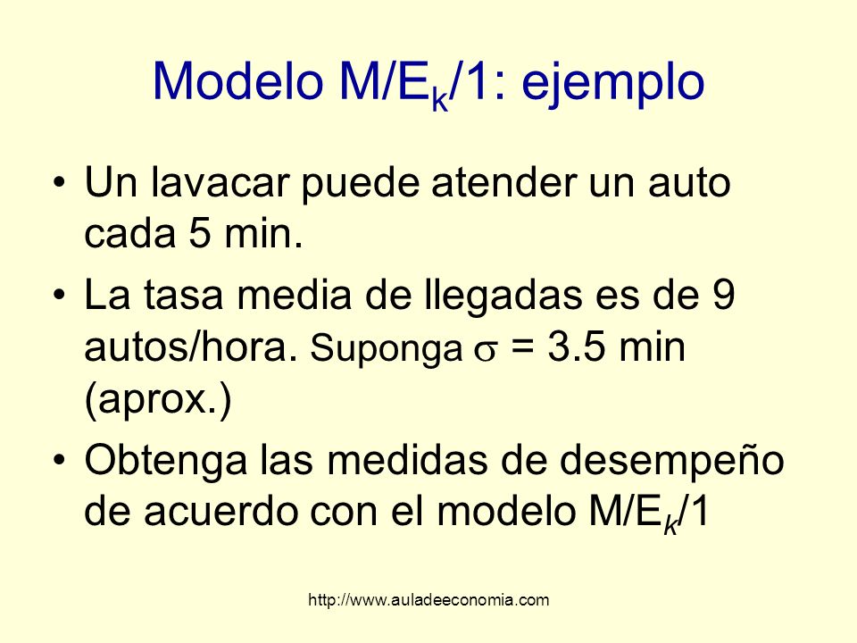 Modelo M/Ek/1: ejemplo Un lavacar puede atender un auto cada 5 min.