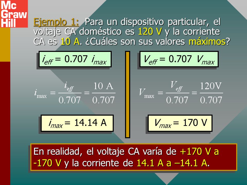 Ejemplo 1: Para un dispositivo particular, el voltaje CA doméstico es 120 V y la corriente CA es 10 A. ¿Cuáles son sus valores máximos