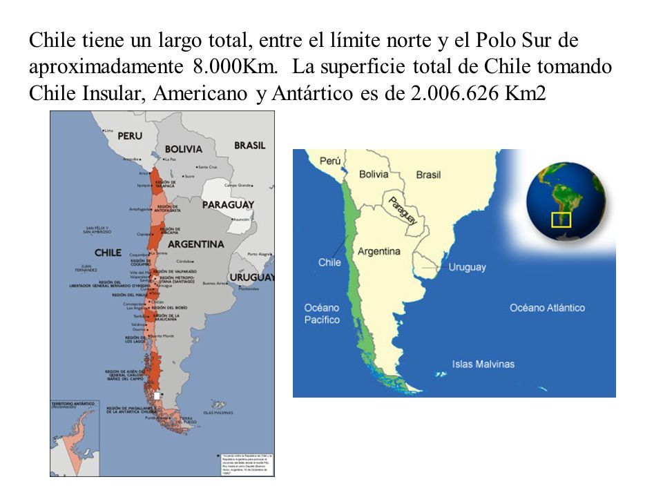 Chile tiene un largo total, entre el límite norte y el Polo Sur de aproximadamente 8.000Km.