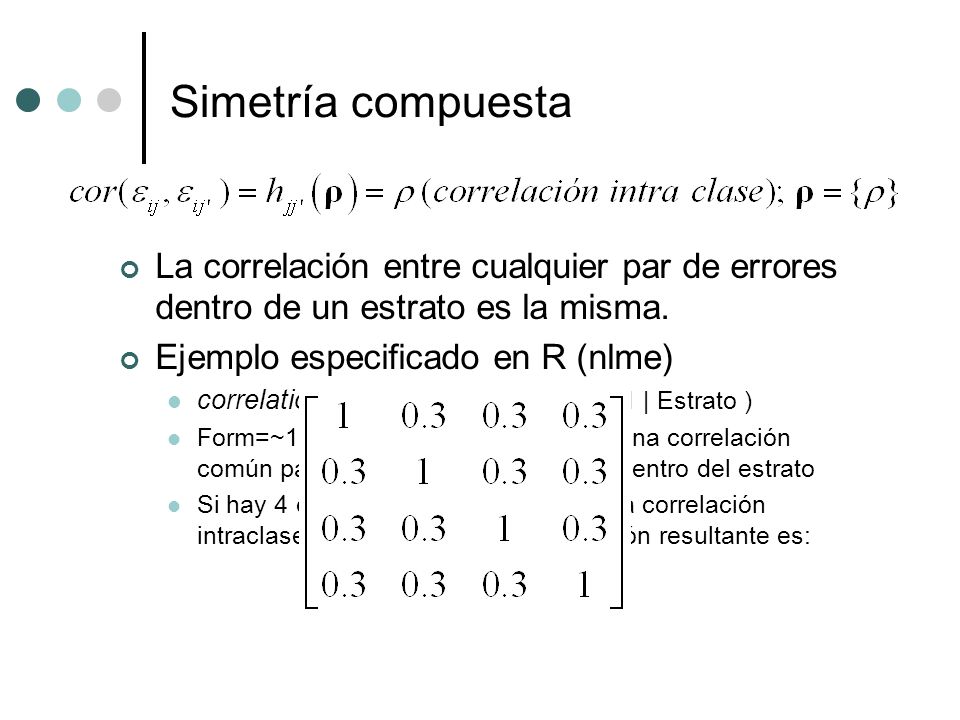 Simetría compuesta La correlación entre cualquier par de errores dentro de un estrato es la misma. Ejemplo especificado en R (nlme)