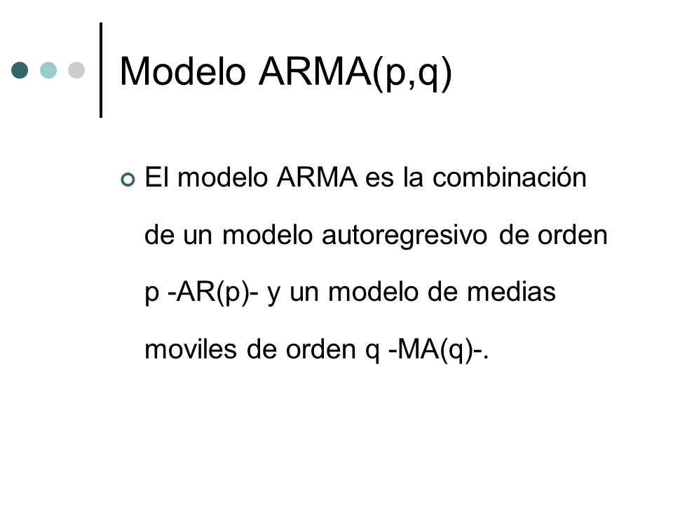 Modelo ARMA(p,q) El modelo ARMA es la combinación de un modelo autoregresivo de orden p -AR(p)- y un modelo de medias moviles de orden q -MA(q)-.