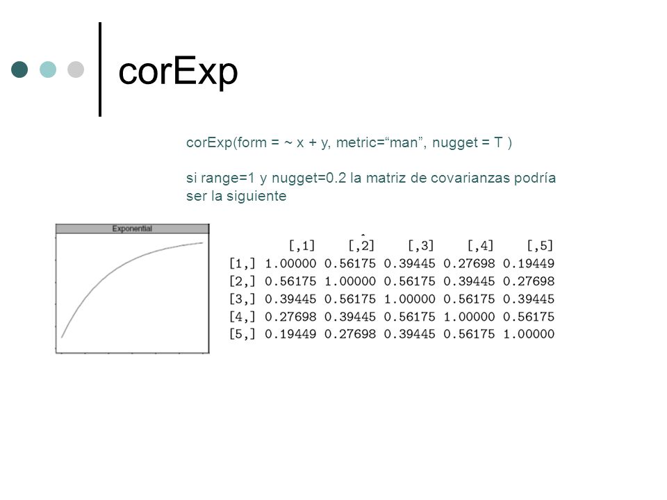 corExp corExp(form = ~ x + y, metric= man , nugget = T )